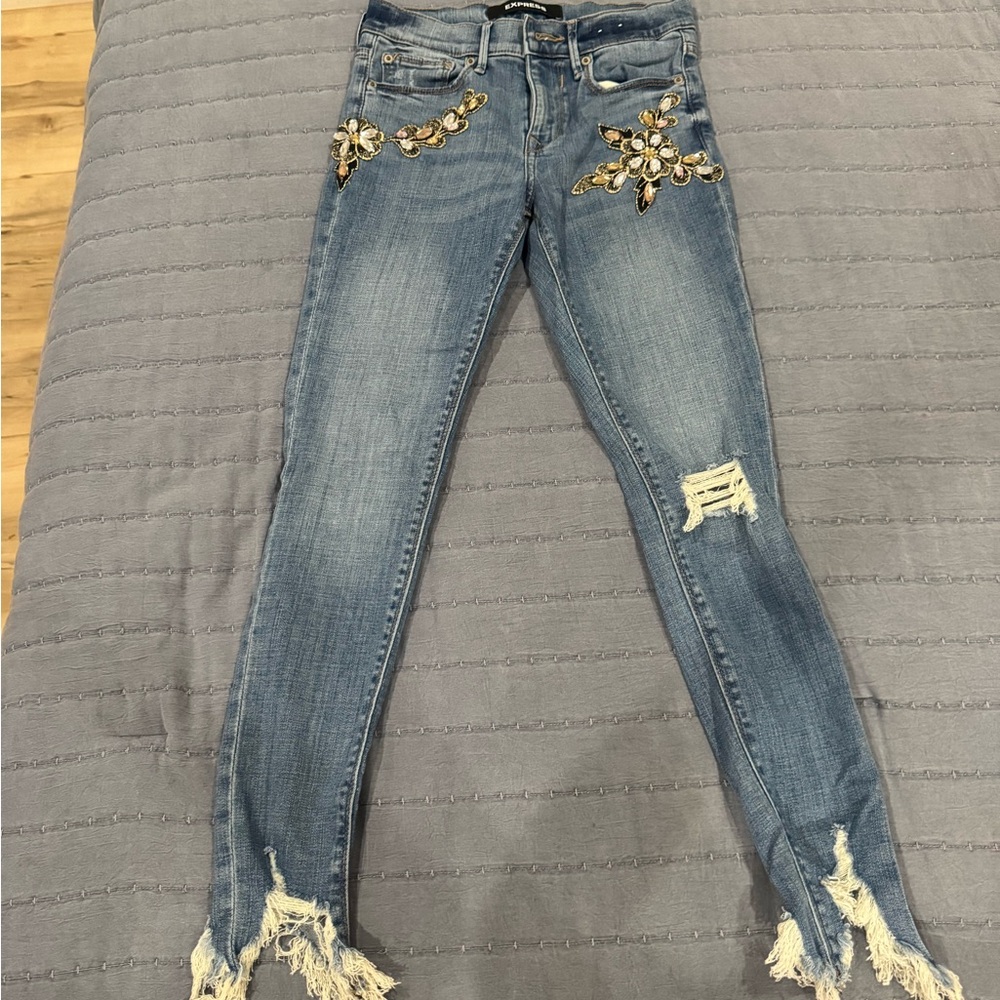Express Distressed Blue Skinny Jeans with Embellishments “used”